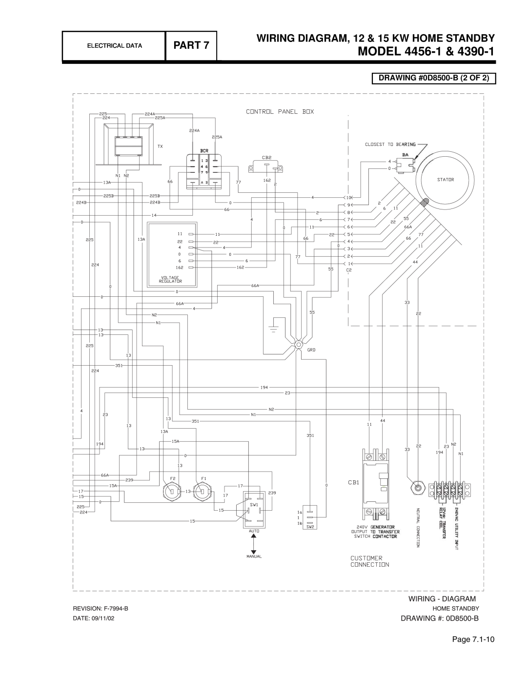 Guardian Technologies 4389, 4390, 4760 MODEL 4456-1, Part, WIRING DIAGRAM, 12 & 15 KW HOME STANDBY, DRAWING #0D8500-B 2 OF 