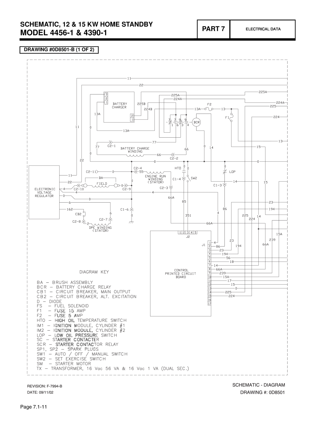 Guardian Technologies 4760 MODEL 4456-1, SCHEMATIC, 12 & 15 KW HOME STANDBY, Part, DRAWING #0D8501-B 1 OF, Electrical Data 