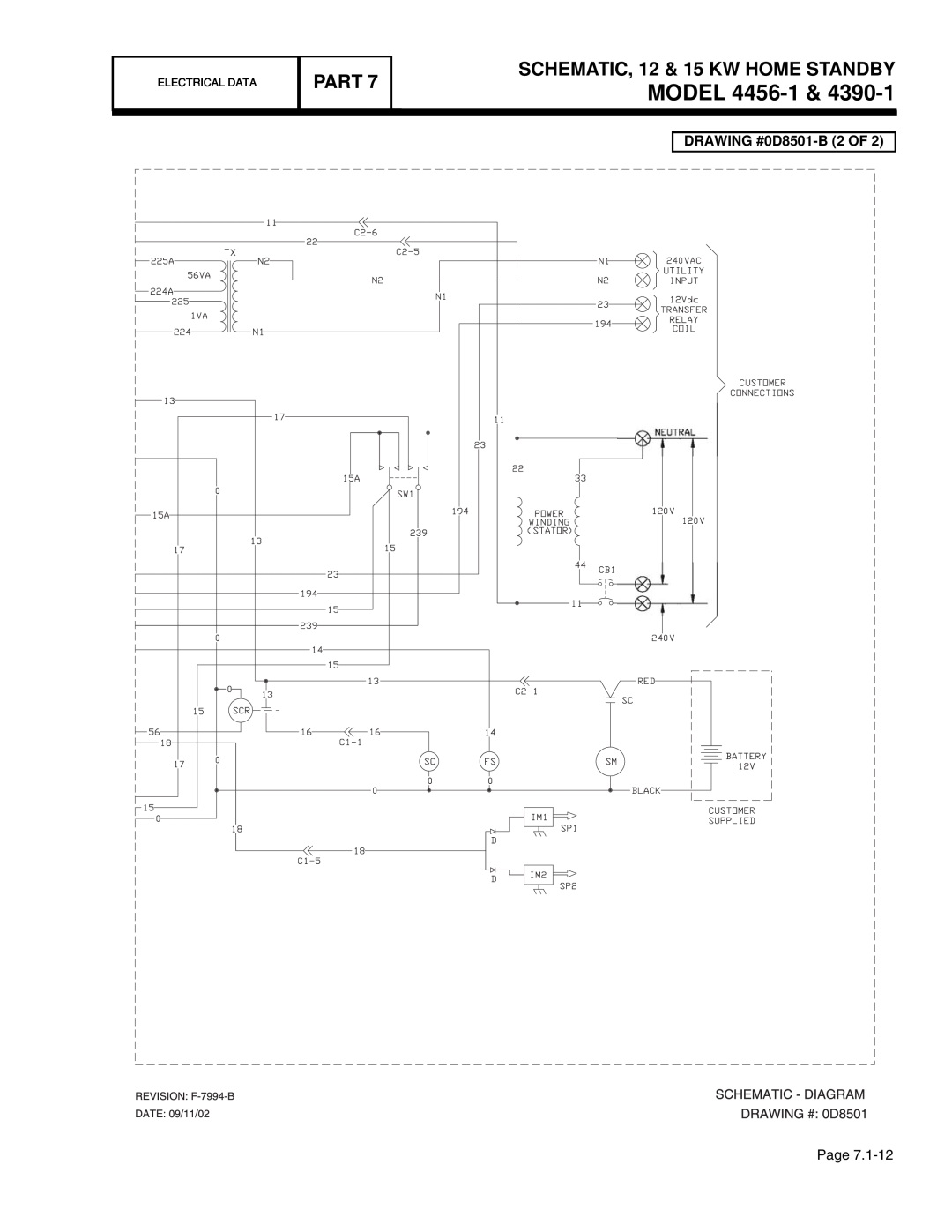 Guardian Technologies 4759 MODEL 4456-1, Part, SCHEMATIC, 12 & 15 KW HOME STANDBY, DRAWING #0D8501-B 2 OF, Electrical Data 