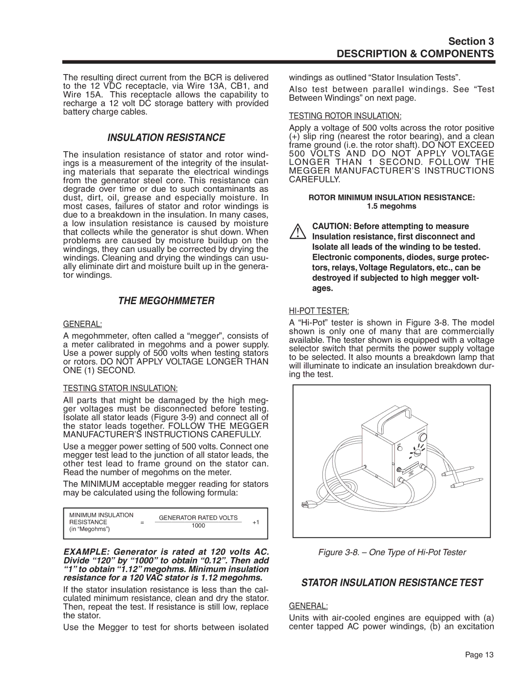 Guardian Technologies 5308, 4582 & 4987, 4451 & 4986, 4583 manual Megohmmeter, Stator Insulation Resistance Test 