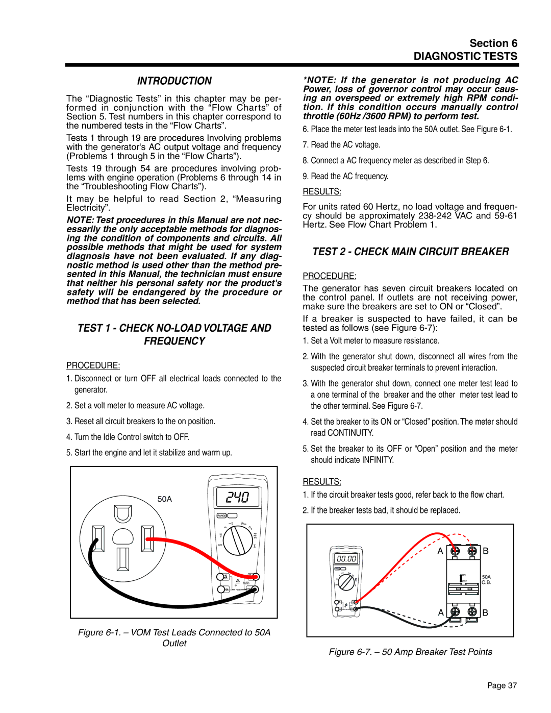 Guardian Technologies 5308 Test 1 Check No-Load Voltage Frequency, Test 2 Check Main Circuit Breaker, Procedure, Results 