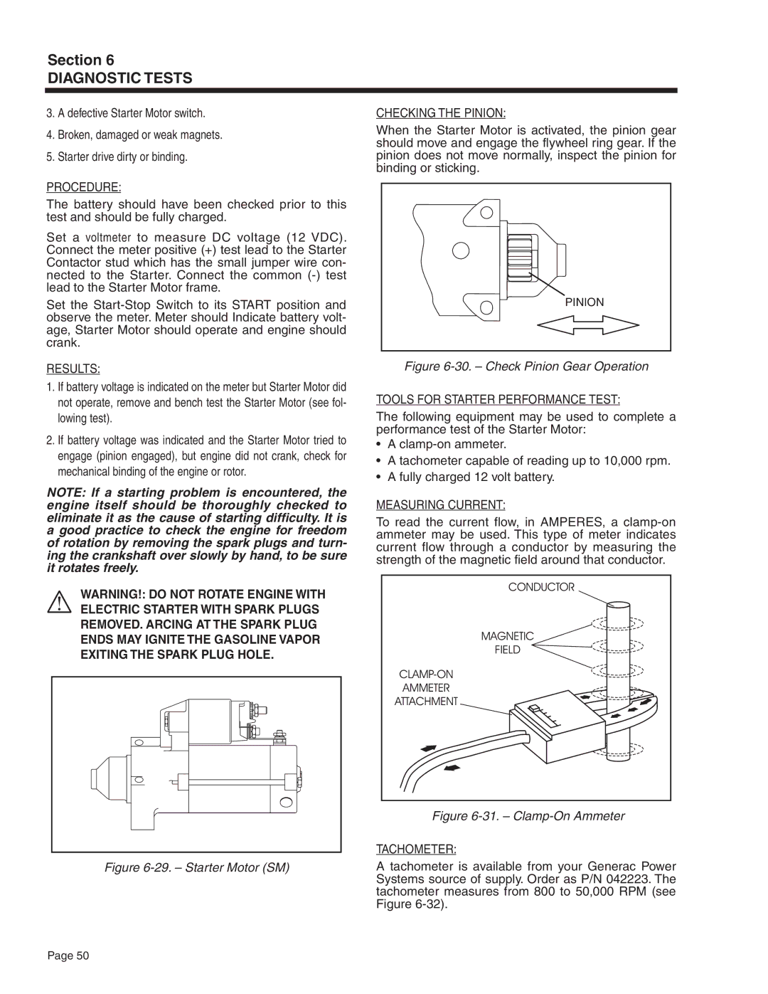 Guardian Technologies 4582 & 4987, 4451 & 4986, 4583, 5308 manual Checking the Pinion, Tools for Starter Performance Test 