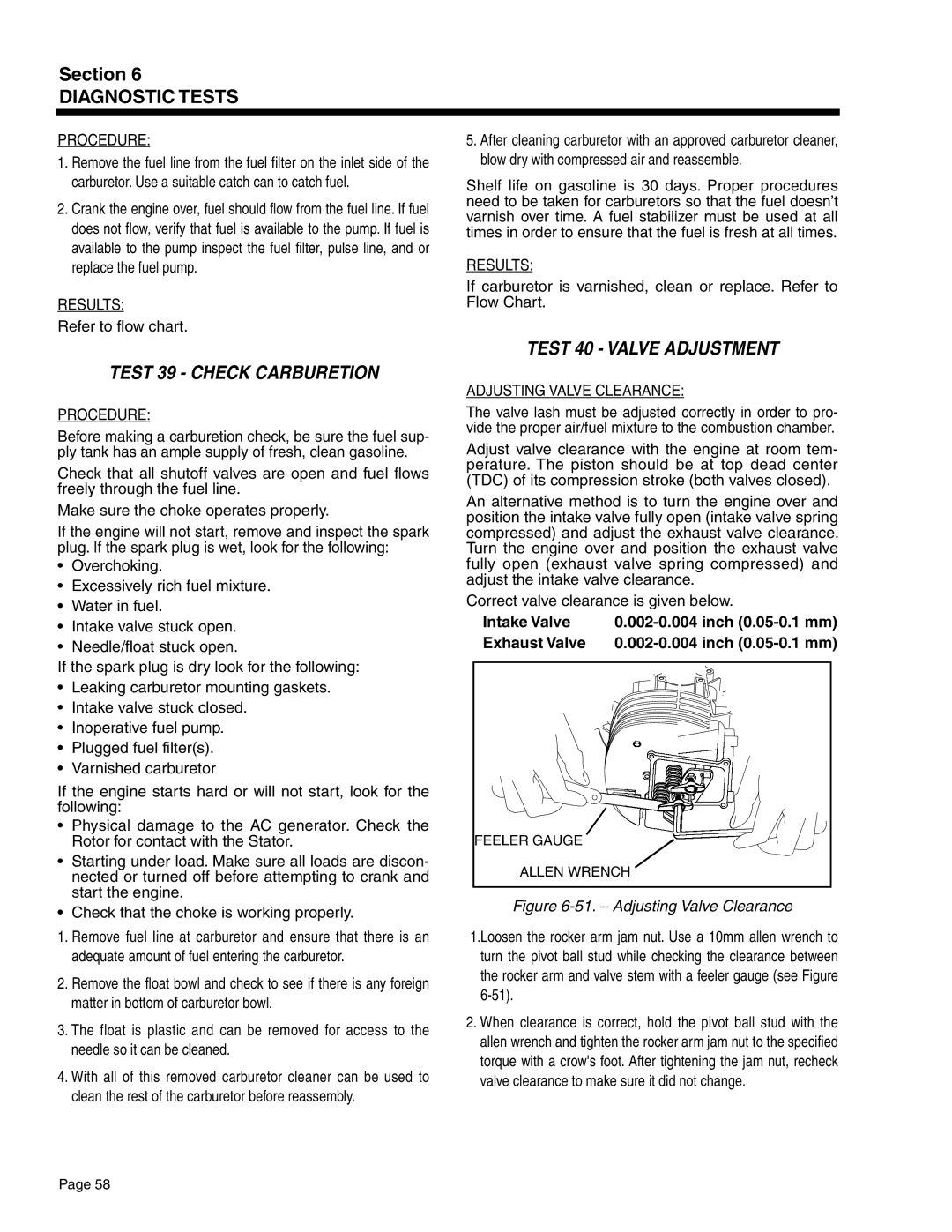 Guardian Technologies 4582 & 4987, 4583 Test 39 Check Carburetion, Test 40 Valve Adjustment, Adjusting Valve Clearance 