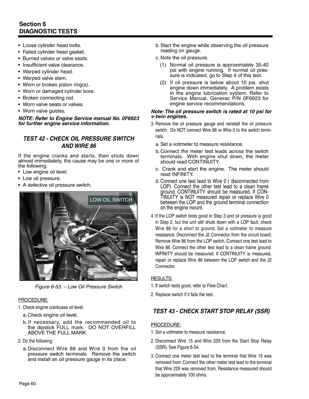 Guardian Technologies 4583, 4582 & 4987, 5308 Test 42 Check Oil Pressure Switch Wire, Test 43 Check Start Stop Relay SSR 