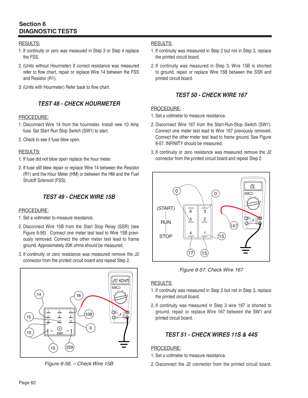 Guardian Technologies 4582 & 4987, 4451 & 4986 Test 48 Check Hourmeter, Test 50 Check Wire, Test 49 Check Wire 15B, Stop 