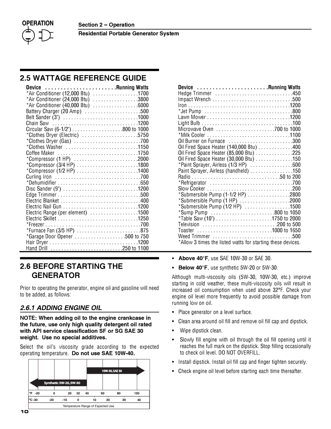 Guardian Technologies 5209 owner manual Wattage Reference Guide, Before Starting the Generator, Adding Engine OIL 