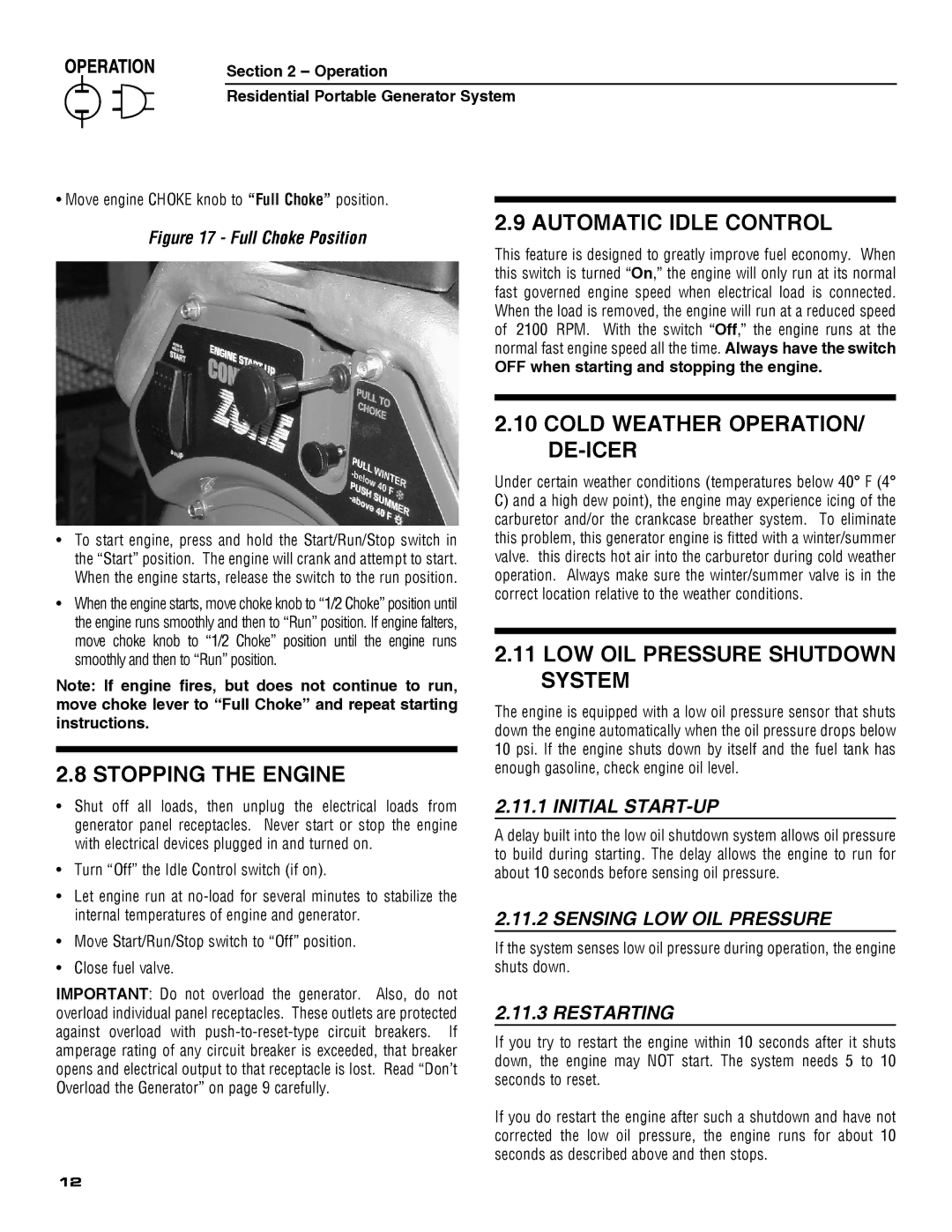 Guardian Technologies 5209 owner manual Stopping the Engine, Automatic Idle Control, Cold Weather OPERATION/ DE-ICER 