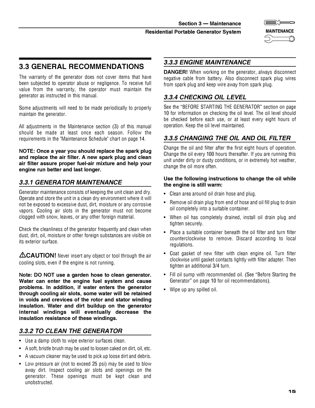 Guardian Technologies 5209 General Recommendations, Generator Maintenance, Engine Maintenance Checking OIL Level 