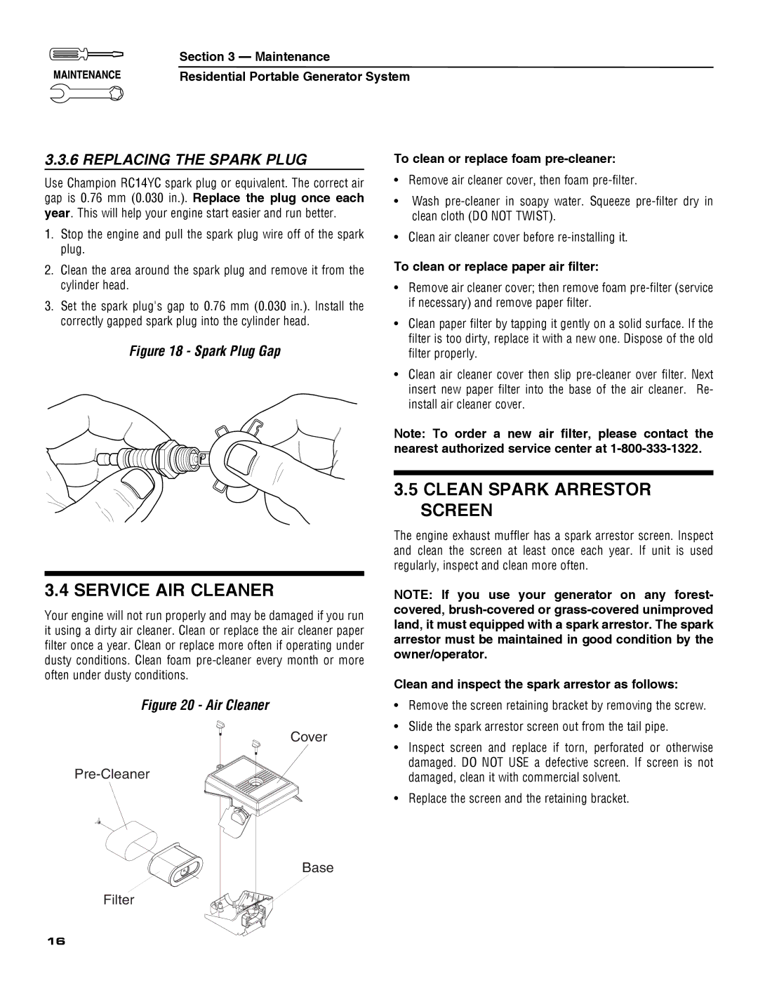 Guardian Technologies 5209 owner manual Service AIR Cleaner, Clean Spark Arrestor Screen, Replacing the Spark Plug 