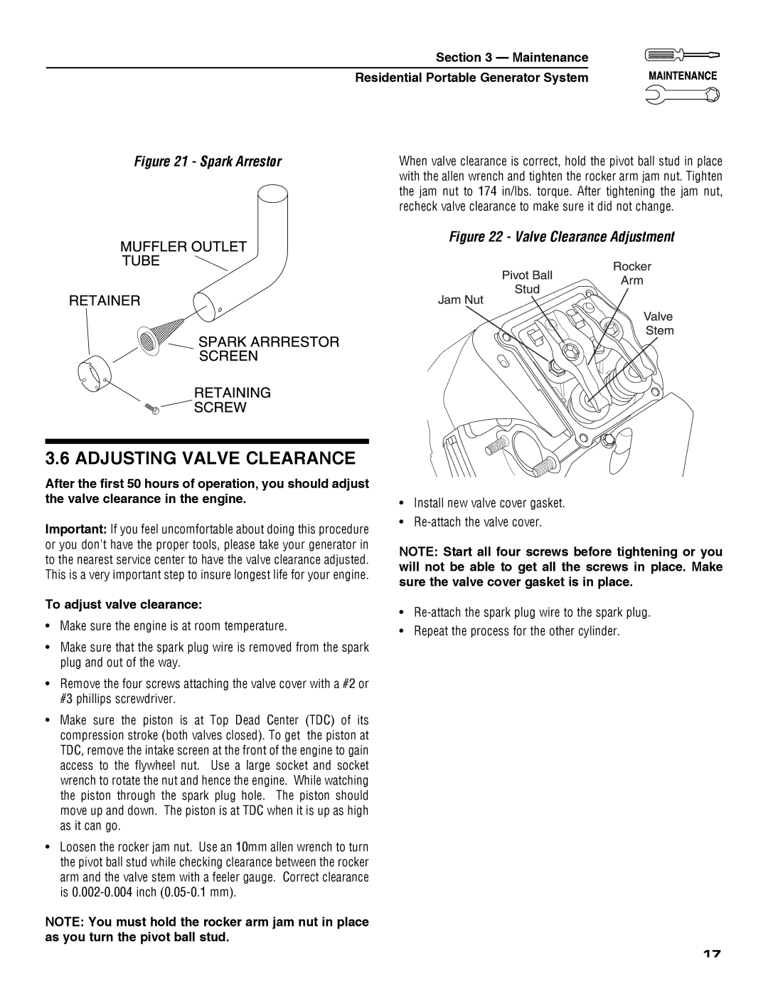 Guardian Technologies 5209 owner manual Adjusting Valve Clearance, To adjust valve clearance 