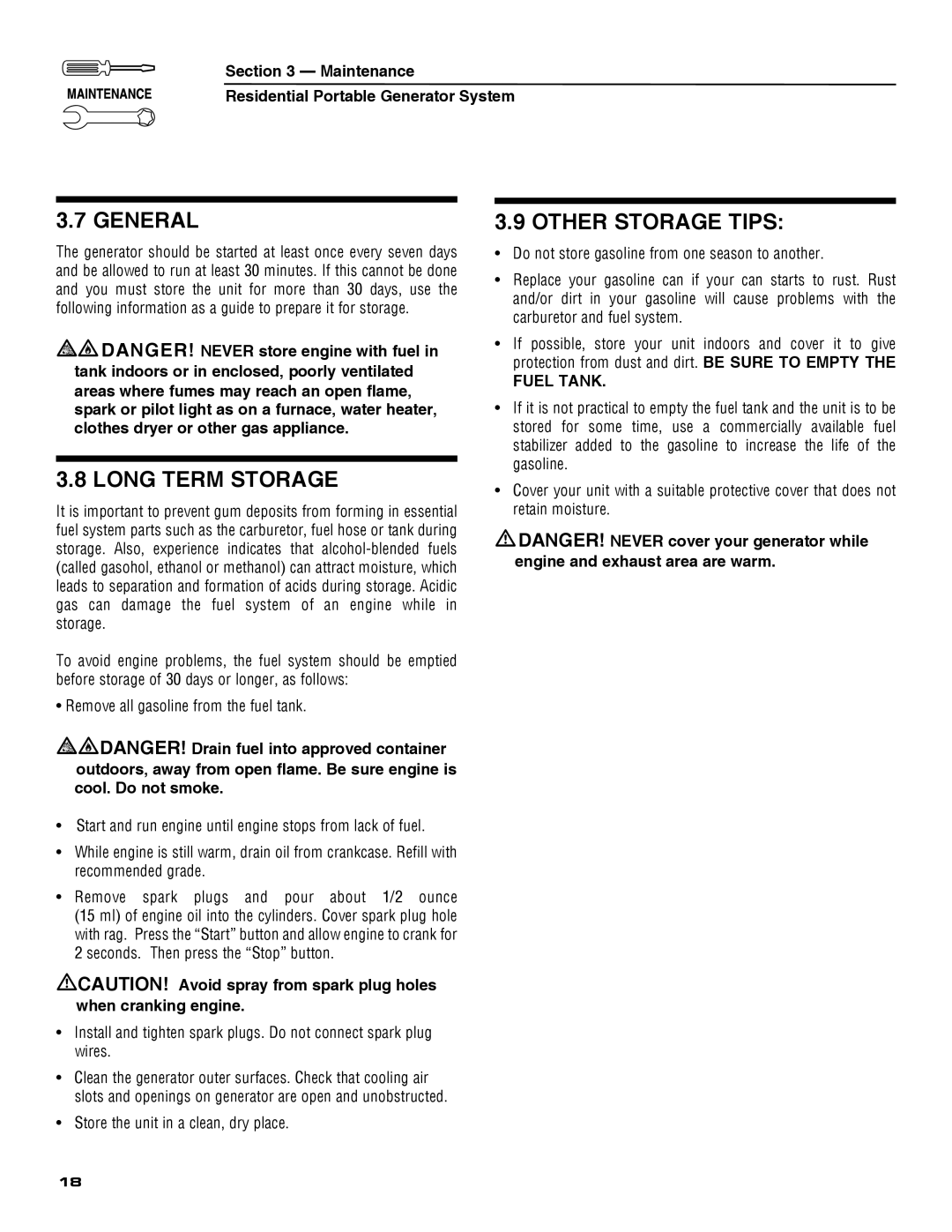 Guardian Technologies 5209 owner manual General, Long Term Storage, Other Storage Tips, Fuel Tank 