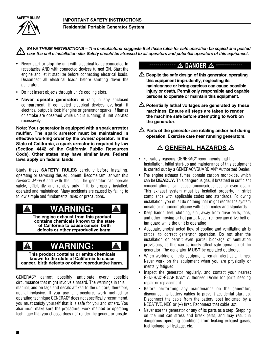 Guardian Technologies 5209 owner manual General Hazards, Important Safety Instructions 