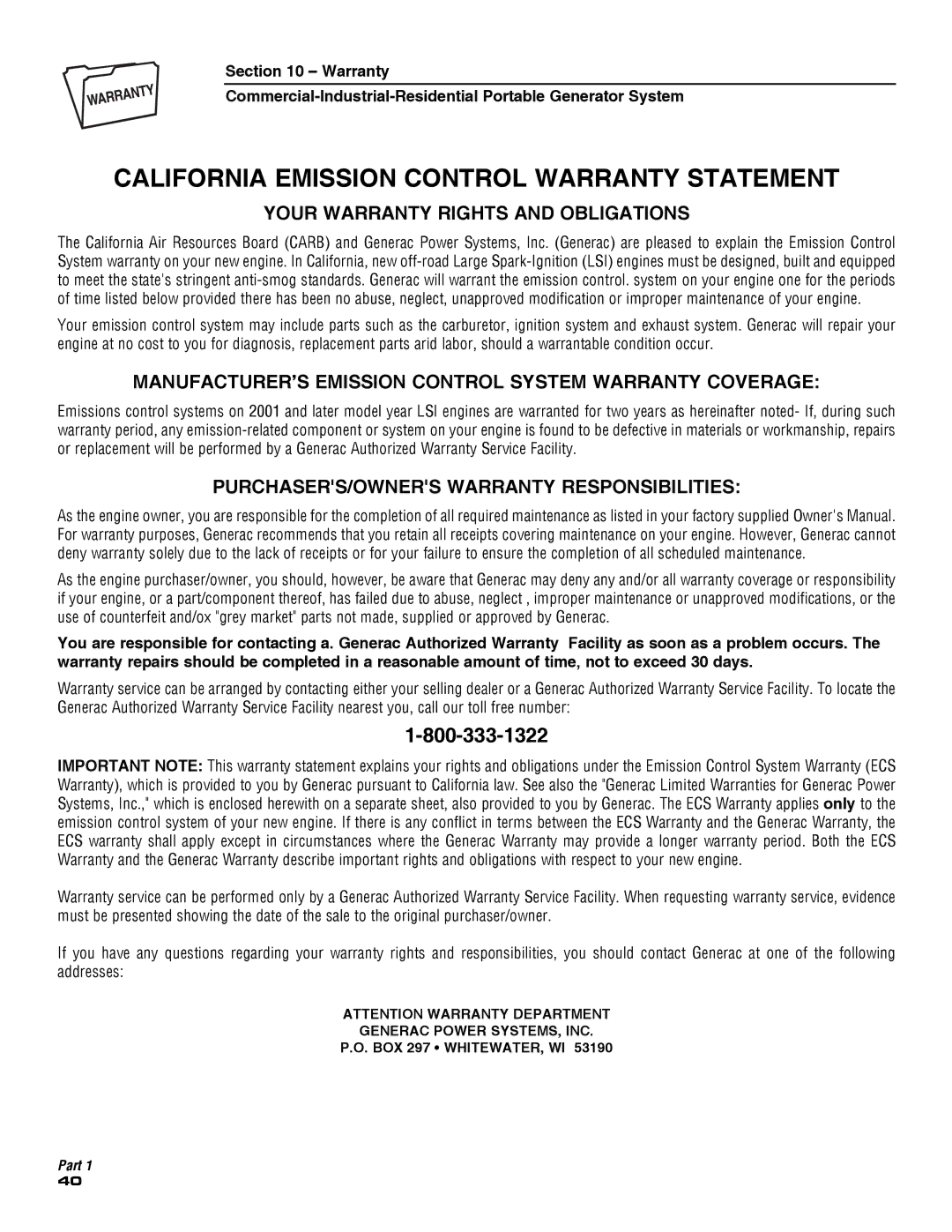 Guardian Technologies 5209 owner manual California Emission Control Warranty Statement 