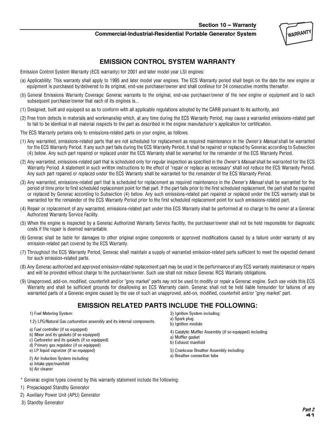 Guardian Technologies 5209 owner manual Emission Control System Warranty 