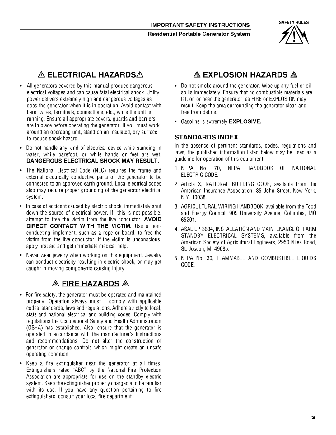 Guardian Technologies 5209 owner manual Electrical Hazards, Explosion Hazards, Fire Hazards 