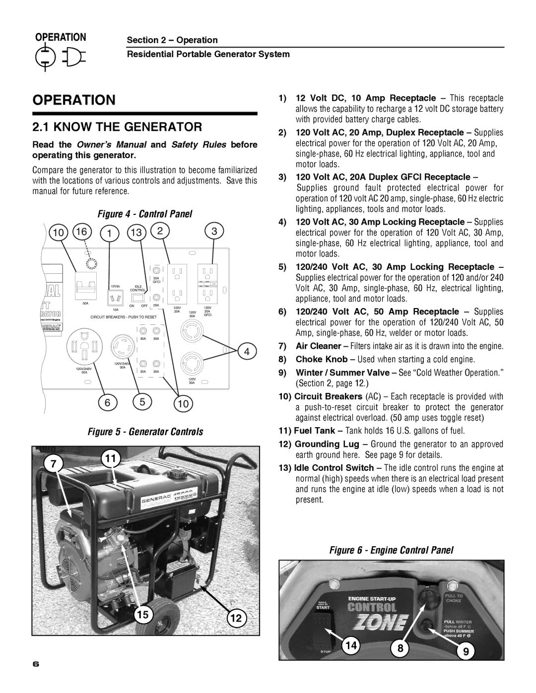 Guardian Technologies 5209 owner manual Operation, Know the Generator 