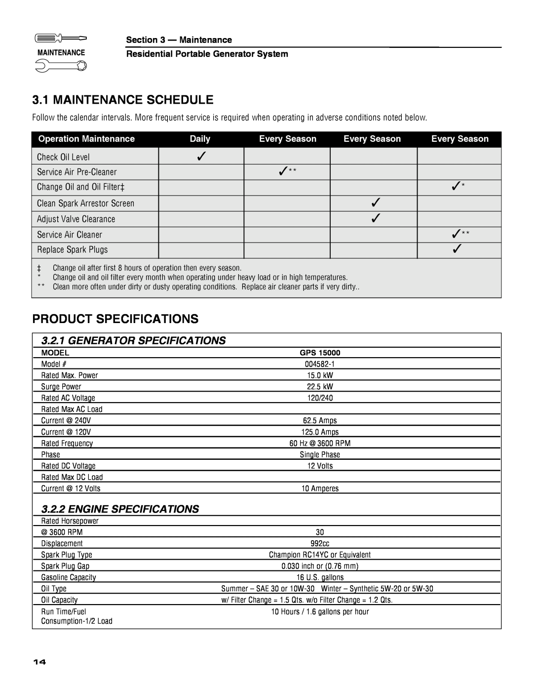 Guardian Technologies 5209 Maintenance Schedule, Product Specifications, Generator Specifications, Engine Specifications 