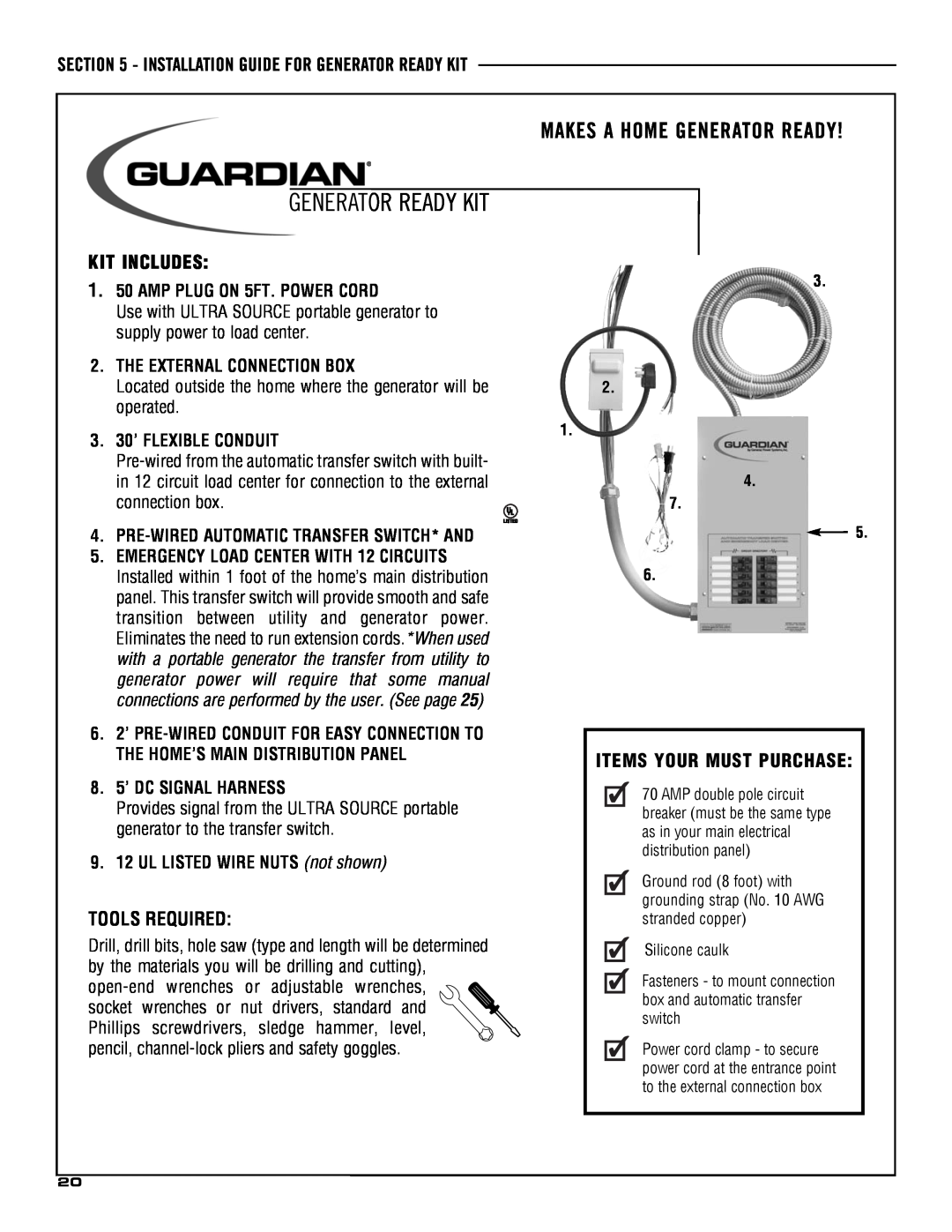 Guardian Technologies 5209 Makes A Home Generator Ready, Installation Guide For Generator Ready Kit, Kit Includes 