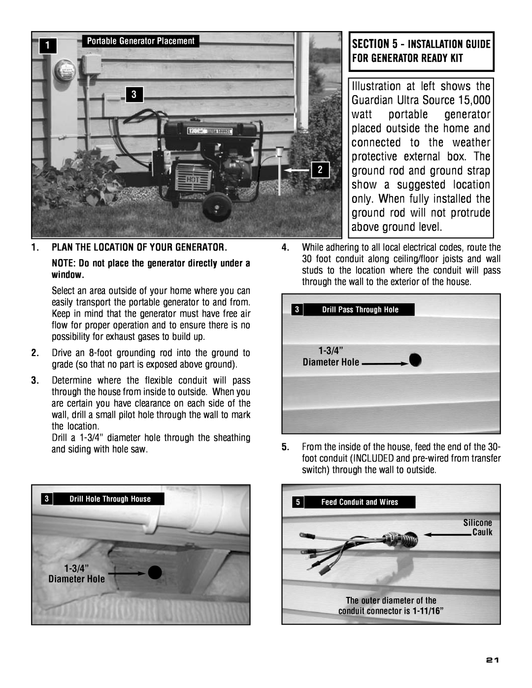 Guardian Technologies 5209 Plan The Location Of Your Generator, NOTE Do not place the generator directly under a window 