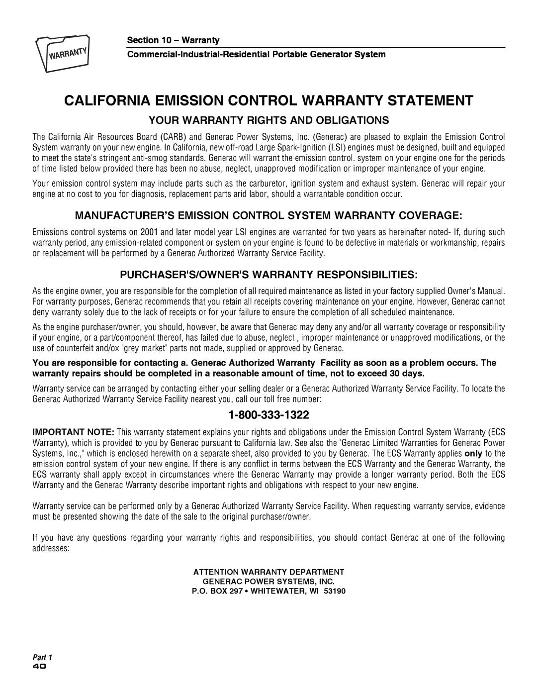Guardian Technologies 5209 California Emission Control Warranty Statement, Your Warranty Rights And Obligations 
