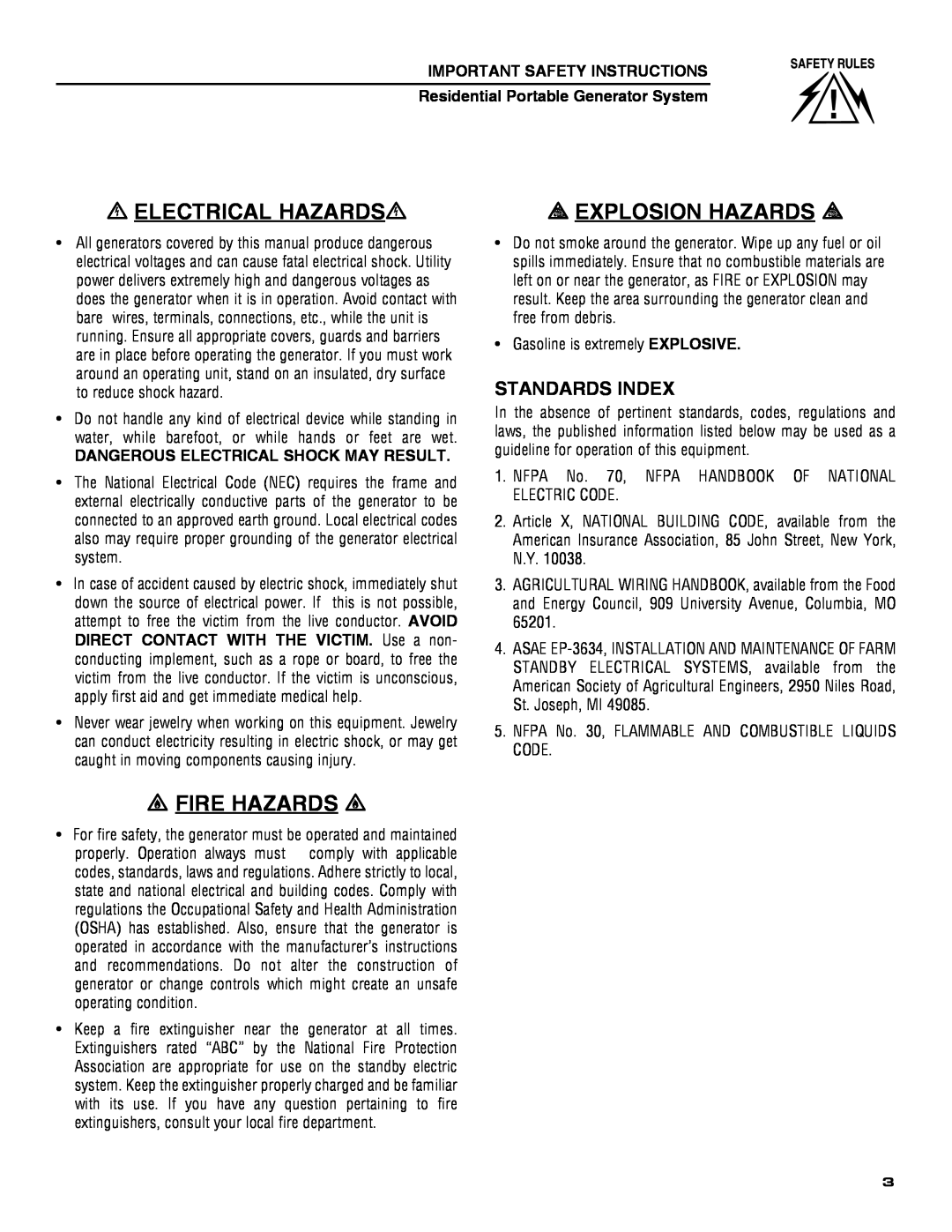 Guardian Technologies 5209 owner manual Electrical Hazards, Explosion Hazards, Fire Hazards, Standards Index 