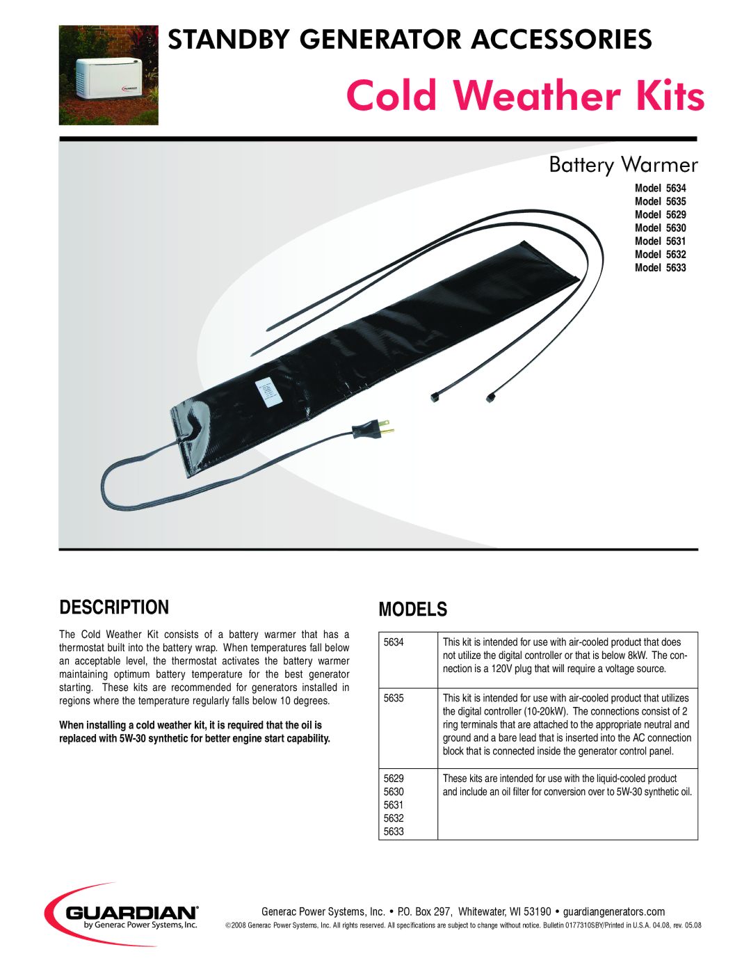 Guardian Technologies 5631, 5634, 5633, 5630, 5632, 5629 specifications Cold Weather Kits, Battery Warmer, Description, Models 