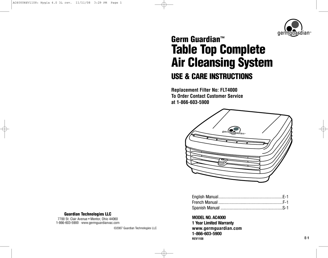 Guardian Technologies AC4000 warranty TableTopComplete Air CleansingSystem 