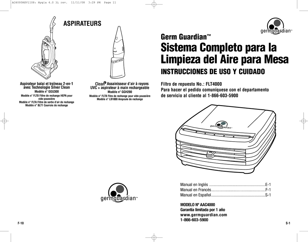 Guardian Technologies AC4000 warranty Aspirateurs, Assainisseur d’air à rayons, + aspirateur à main rechargeable 