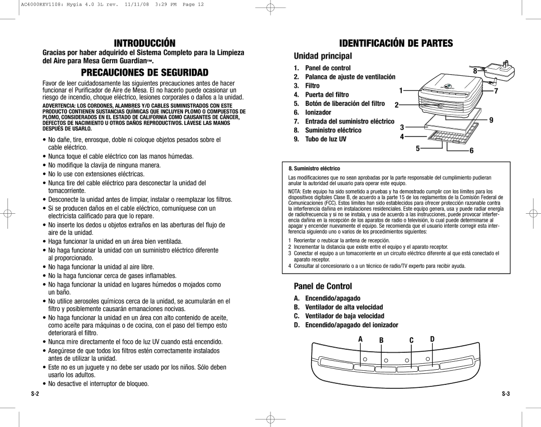 Guardian Technologies AC4000 warranty Introducción, Precauciones DE Seguridad, Unidad principal, Panel de Control 