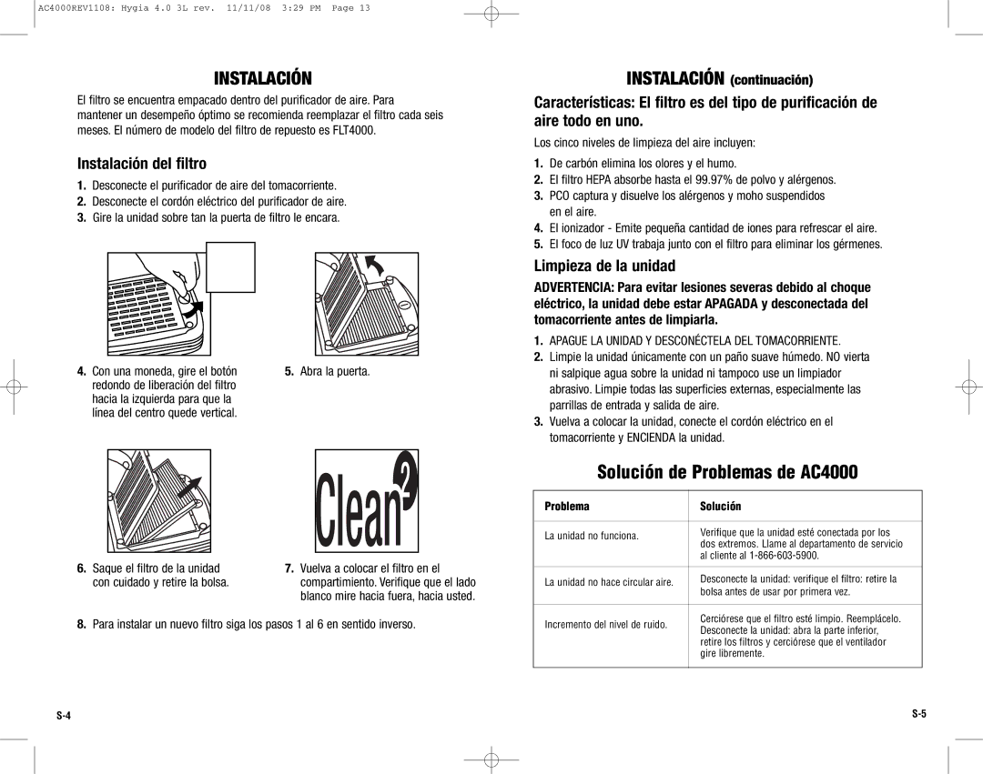 Guardian Technologies AC4000 warranty Instalación del filtro, Limpieza de la unidad 