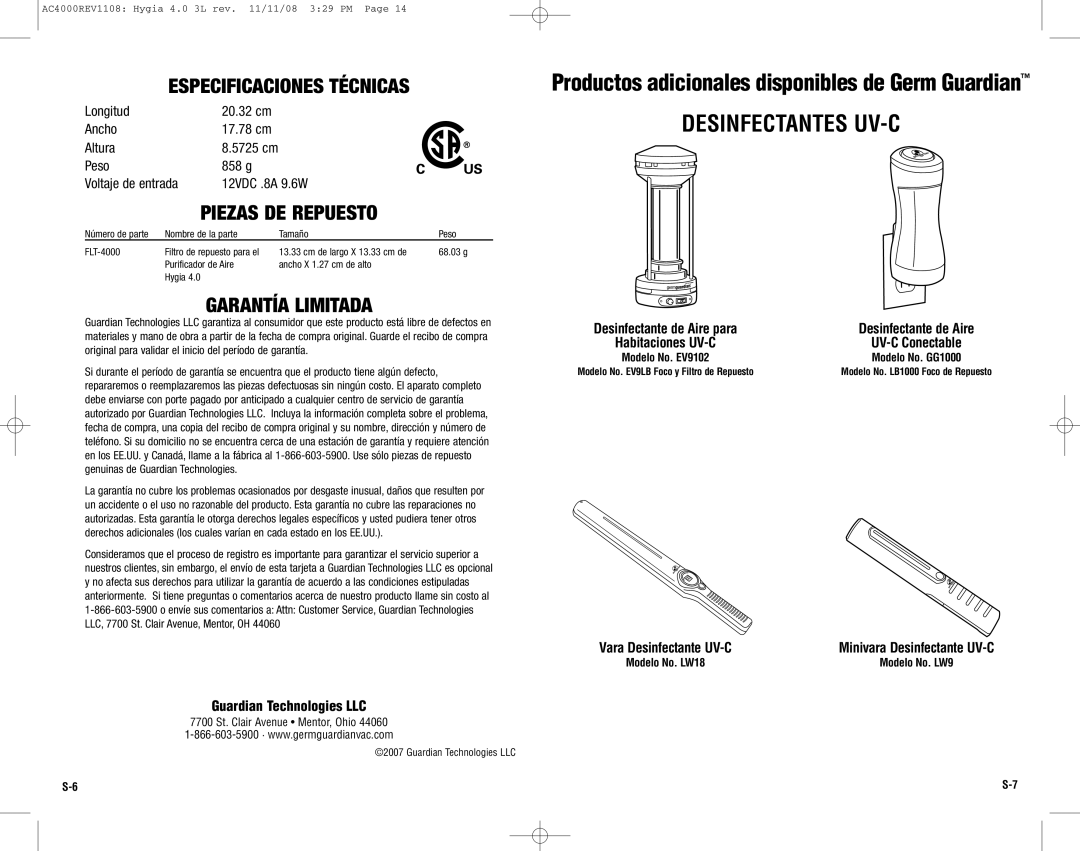 Guardian Technologies AC4000 warranty Desinfectantes UV-C, Especificaciones Técnicas, Piezas DE Repuesto, Garantía Limitada 