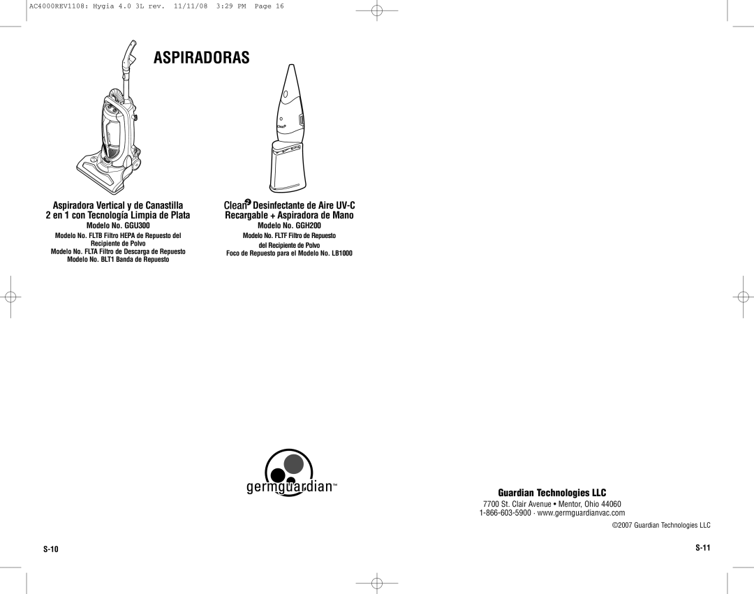 Guardian Technologies AC4000 warranty Aspiradoras, Desinfectante de Aire UV-C, Recargable + Aspiradora de Mano 