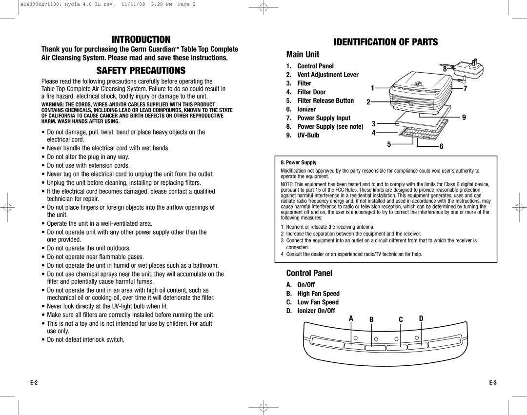 Guardian Technologies AC4000 warranty Introduction, Identification of Parts, Safety Precautions, Main Unit, Control Panel 