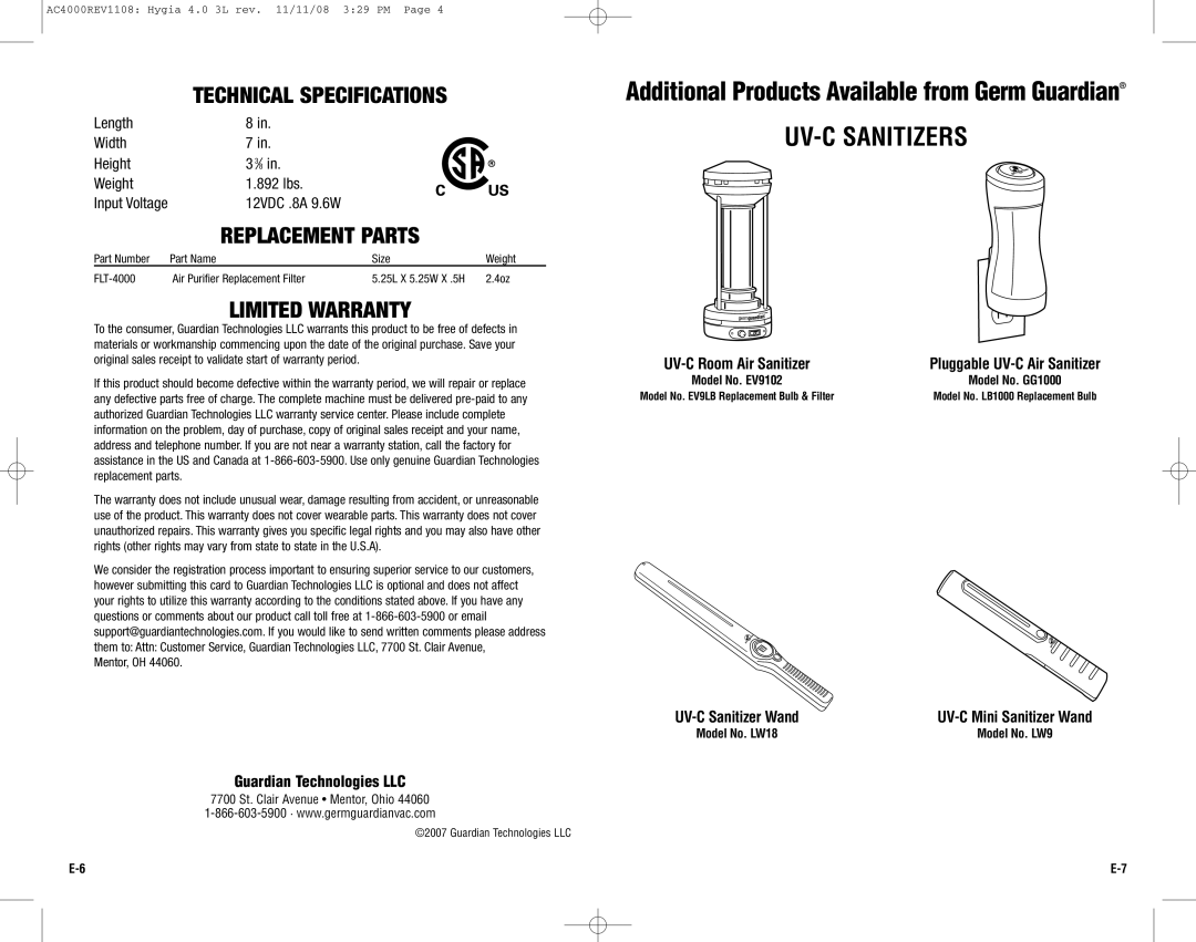 Guardian Technologies AC4000 warranty UV-C Sanitizers, Replacement Parts, Limited Warranty 