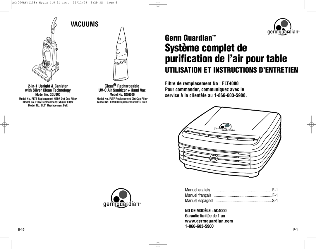 Guardian Technologies AC4000 warranty Vacuums, Utilisation ET Instructions D’ENTRETIEN, UV-C Air Sanitizer + Hand Vac 