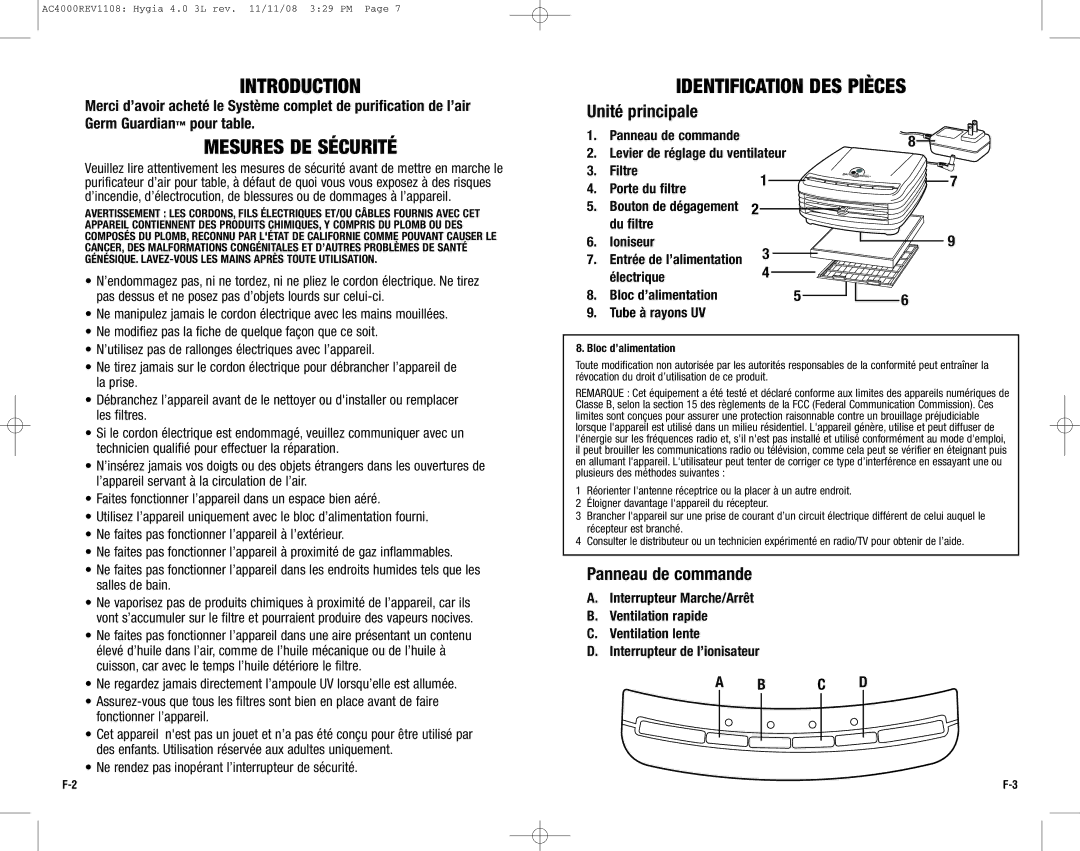 Guardian Technologies AC4000 warranty Mesures DE Sécurité, Identification DES Pièces, Unité principale, Panneau de commande 