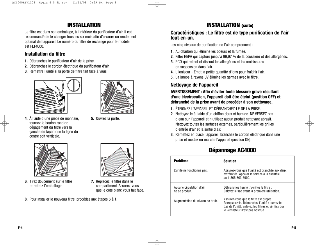 Guardian Technologies AC4000 warranty Installation du filtre, Nettoyage de l’appareil 