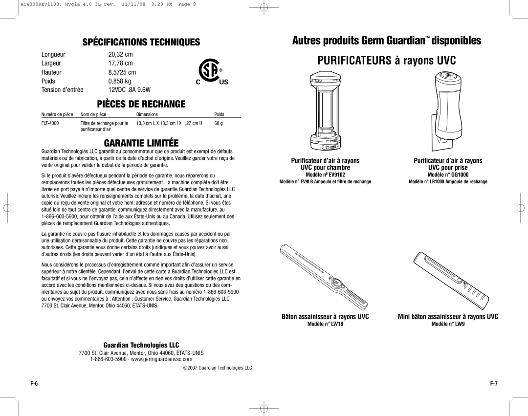 Guardian Technologies AC4000 warranty Spécifications Techniques, Pièces DE Rechange, Garantie Limitée 