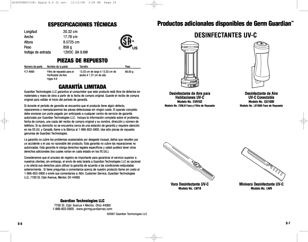 Guardian Technologies AC4000 Desinfectantes Uv-C, Productosadicionalesdisponiblesde Germ Guardian, Piezas De Repuesto 