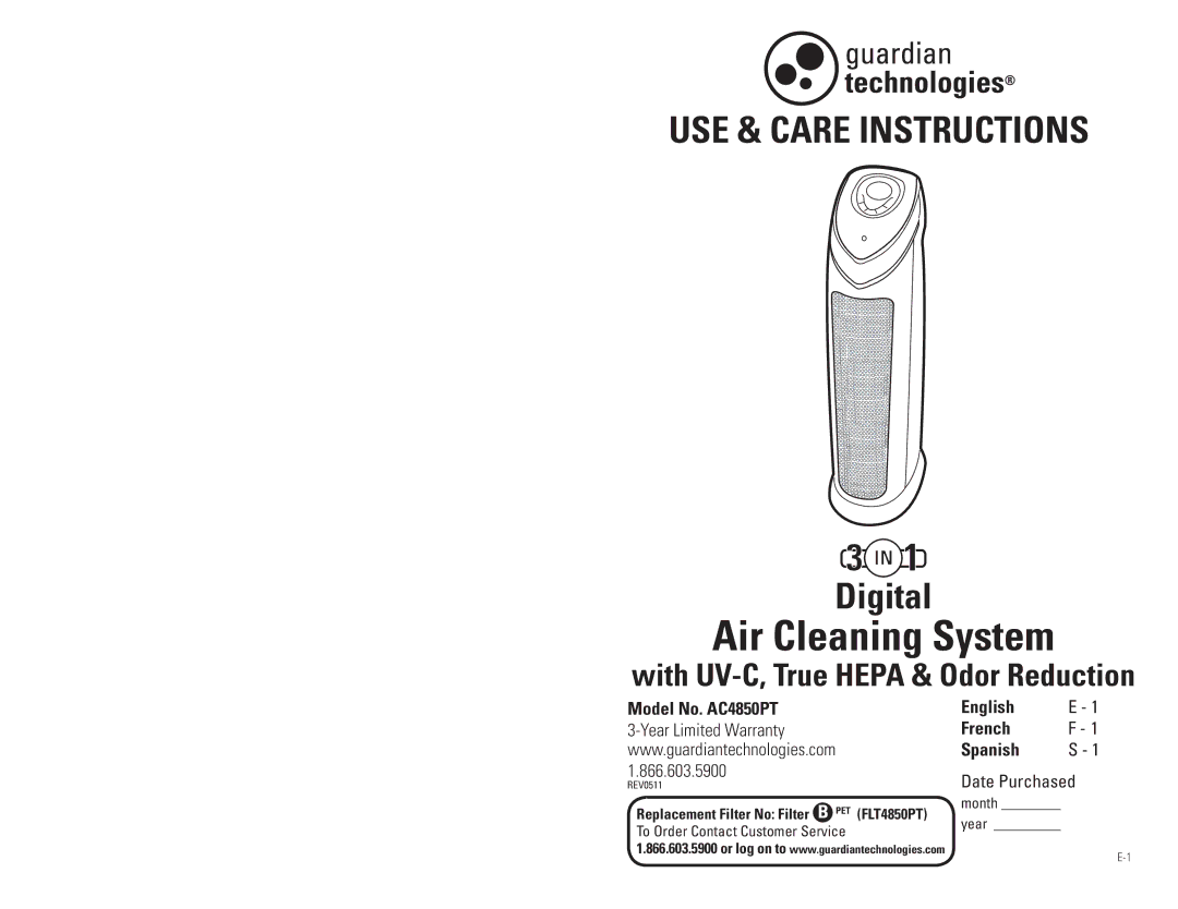 Guardian Technologies Ac4850pT warranty Air cleaning System 