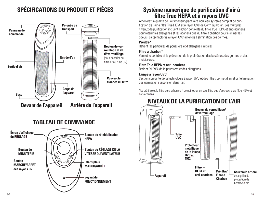 Guardian Technologies Ac4850pT warranty NIveAuX de lA puRIfIcATIoN de l’AIR, Préiltre, Filtre à charbon, Lampe à rayon uvc 