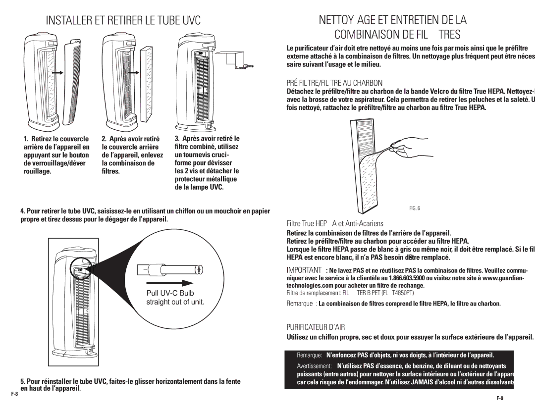 Guardian Technologies Ac4850pT Installer et retirer le tube uvc, Nettoyage et entretien de la Combinaison de filtres 