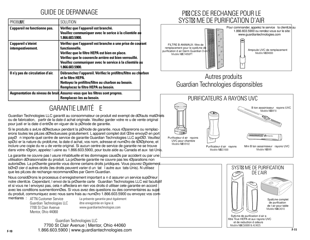 Guardian Technologies Ac4850pT GuIde de depANNAGe, GARANTIe lImITÉe, Autres produits Guardian Technologies disponsibles 