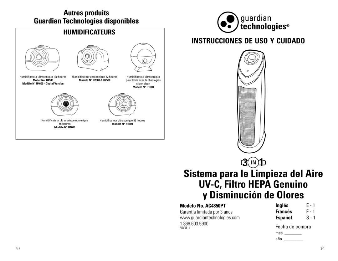 Guardian Technologies Ac4850pT warranty Autres produits Guardian Technologies disponibles, HumIdIfIcATeuRS 