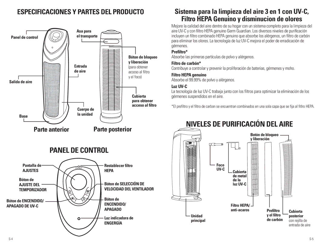 Guardian Technologies Ac4850pT warranty NIveleS de puRIfIcAcIÓN del AIRe PANel de coNTRol, Parte anterior Parte posterior 