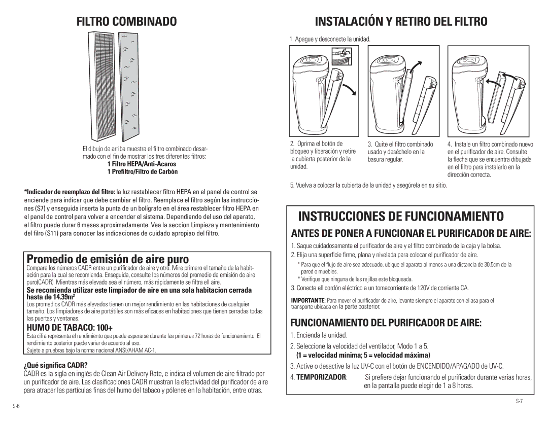 Guardian Technologies Ac4850pT warranty Filtro combinado, Promedio de emisión de aire puro, InstalaciÓn y retiro del filtro 