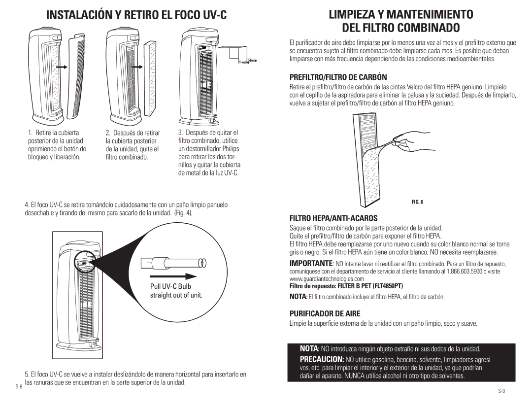 Guardian Technologies Ac4850pT warranty Filtro HEPA/ANTI-ACAROS 