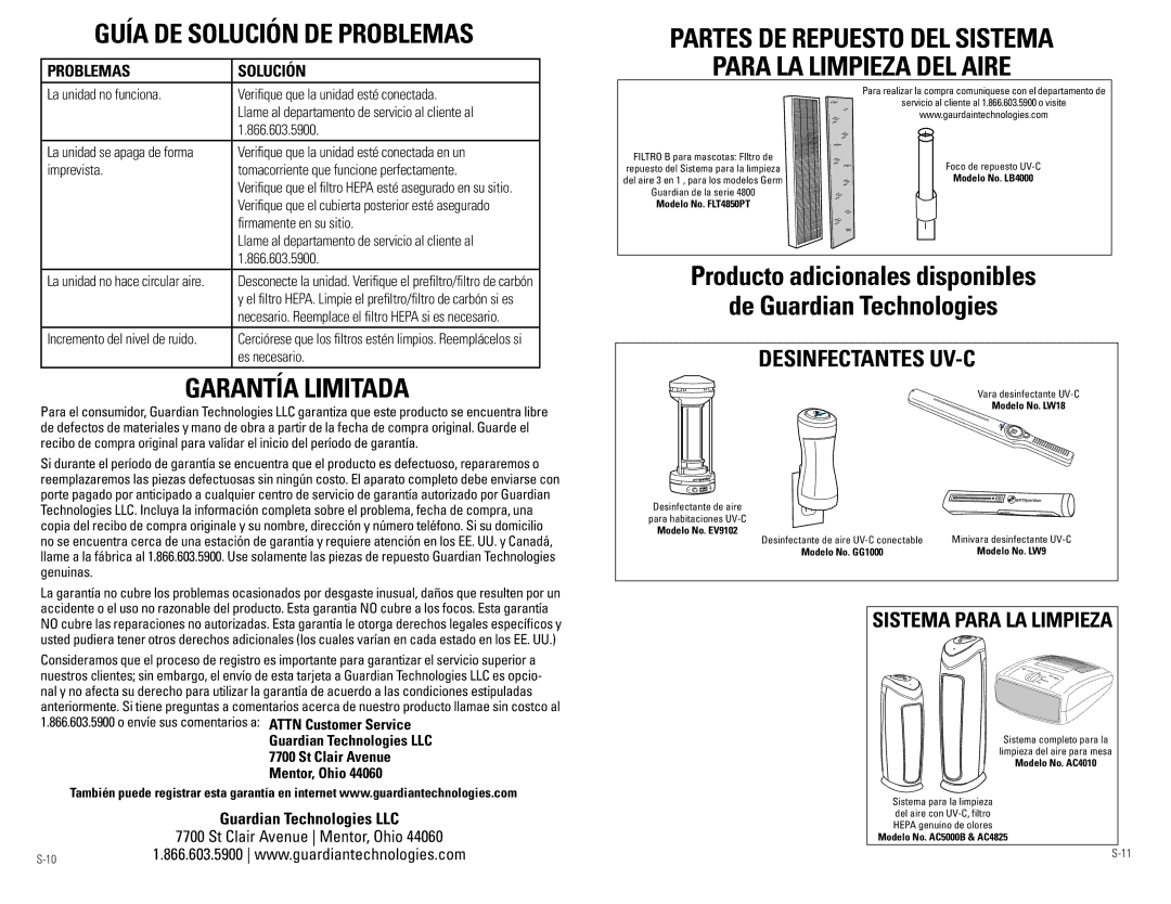 Guardian Technologies Ac4850pT warranty GuÍA de SolucIÓN de pRoblemAS, Garantía lImITAdA, DeSINfecTANTeS uv-c 