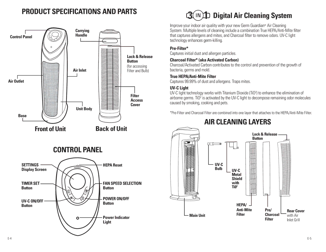 Guardian Technologies Ac4850pT warranty PRoducT SpecIfIcATIoNS ANd pARTS, CoNTRol pANel, Digital Air cleaning System 