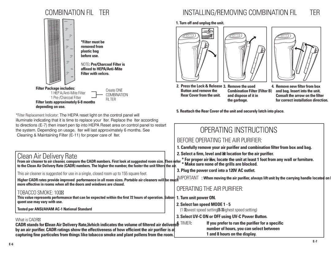 Guardian Technologies Ac4850pT warranty Clean Air Delivery Rate, Installing/removing Combination filter, What is CADR? 